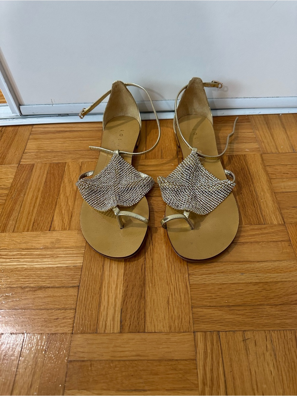 Gold Crystal-Embellished Women’s Ankle-Strap Sandals